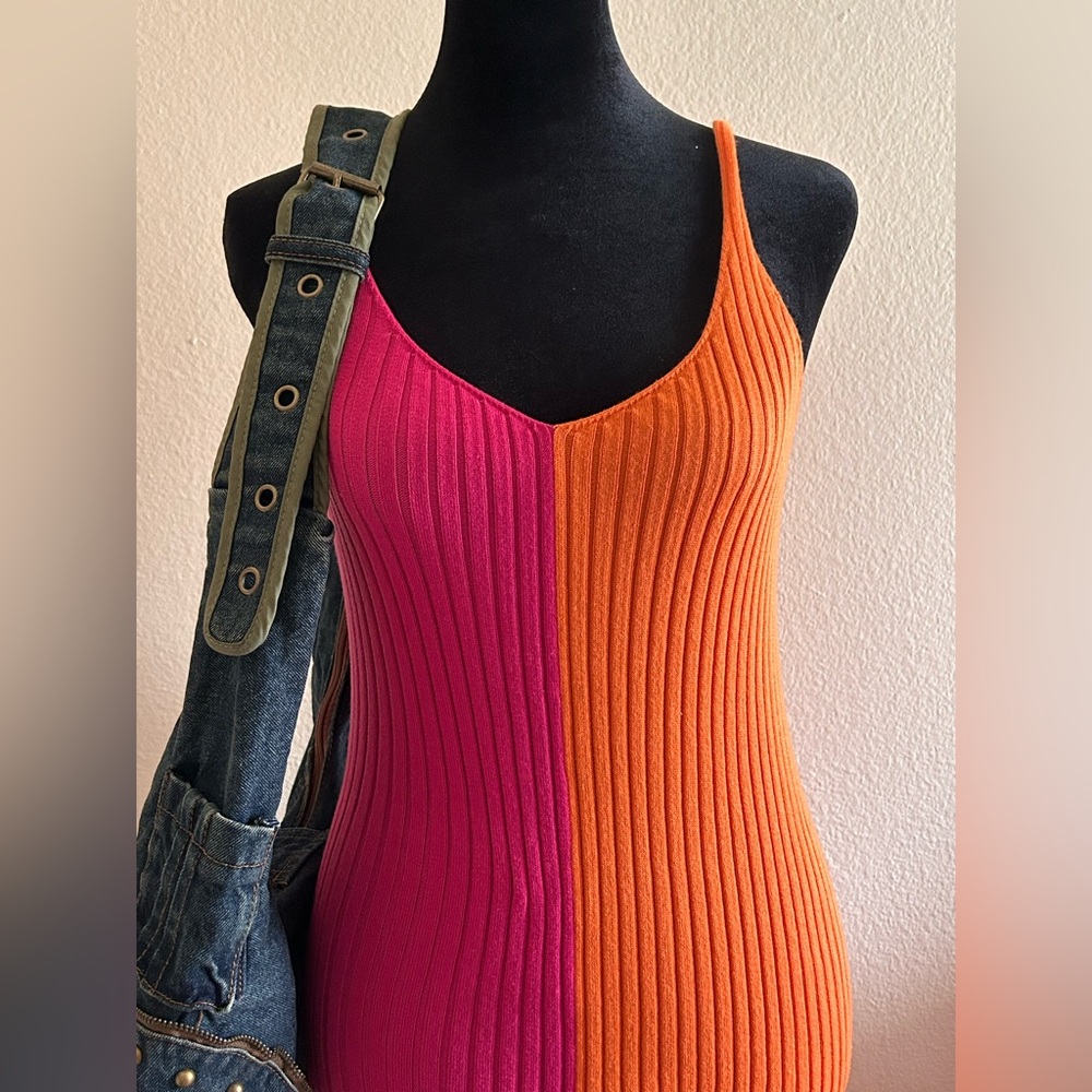 Colorblock Pink and Orange Ribbed Knit Top